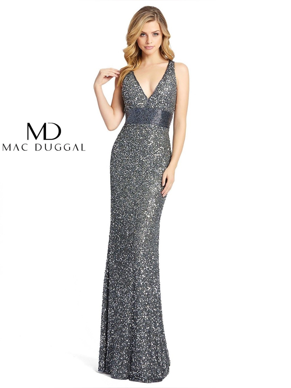 MAC DUGGAL 4930D V-NECK SEQUIN BEADED COLUMN GOWN Size 16 Charcoal NWT